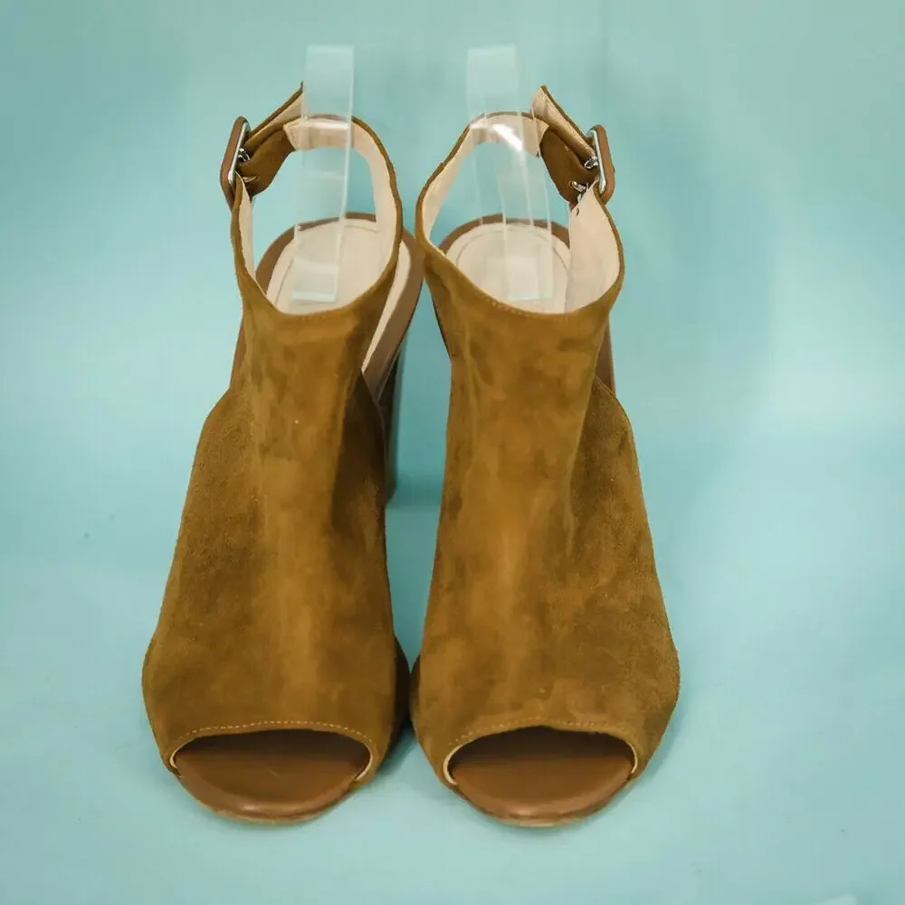 Barneys New York Size 38.5 8 Peep Toe Sandals Suede Blocked Buckle Brown Heels